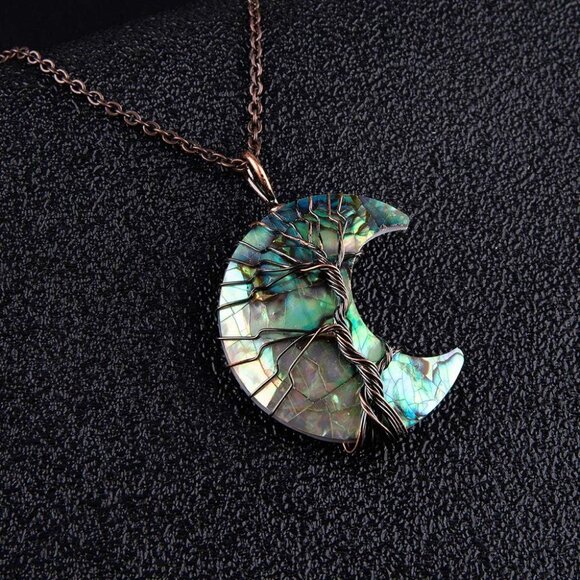 Life Tree Crescent Moon Necklaces for Women,Copper Wire Wrap Gemstones Pendant C - Picture 7 of 8